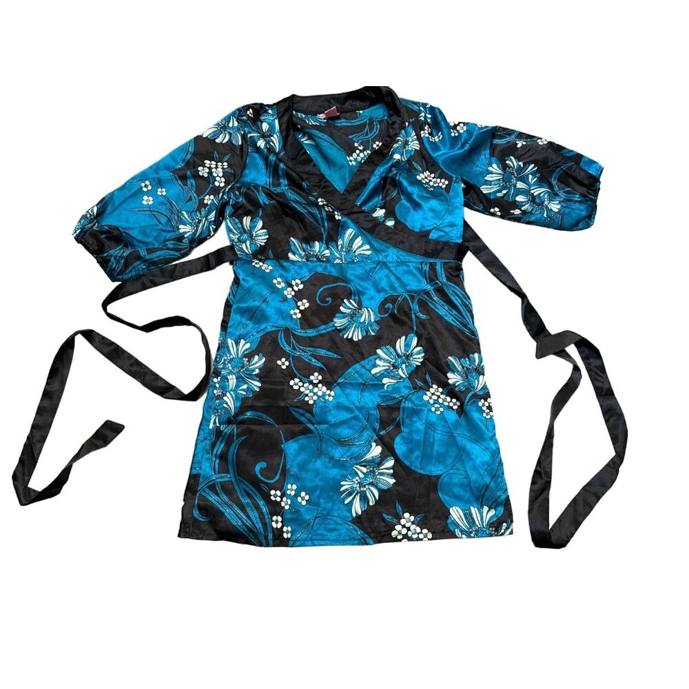 She's Cool Floral Kimono Wrap Dress XL Black & Teal Polyester 90's Style VTG